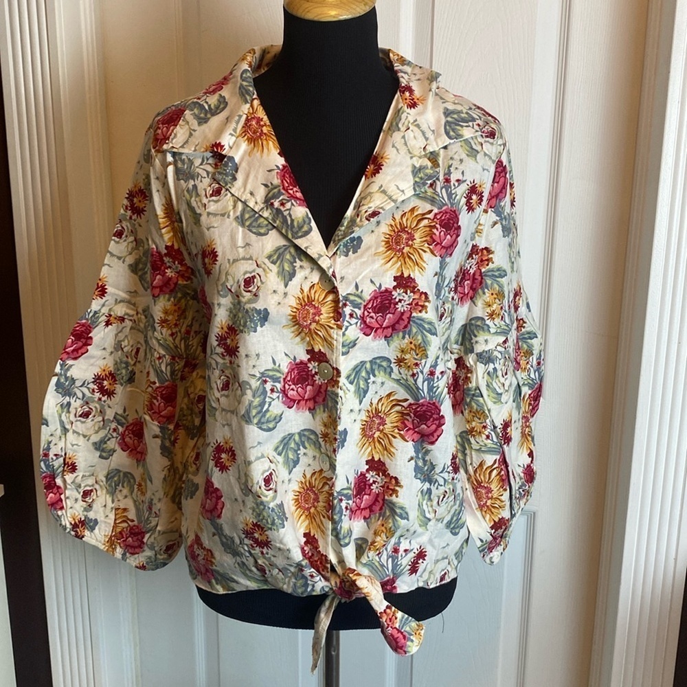 Kaktus Women’s Linen Blend Puff Sleeve Tie Front Top sz L NWT